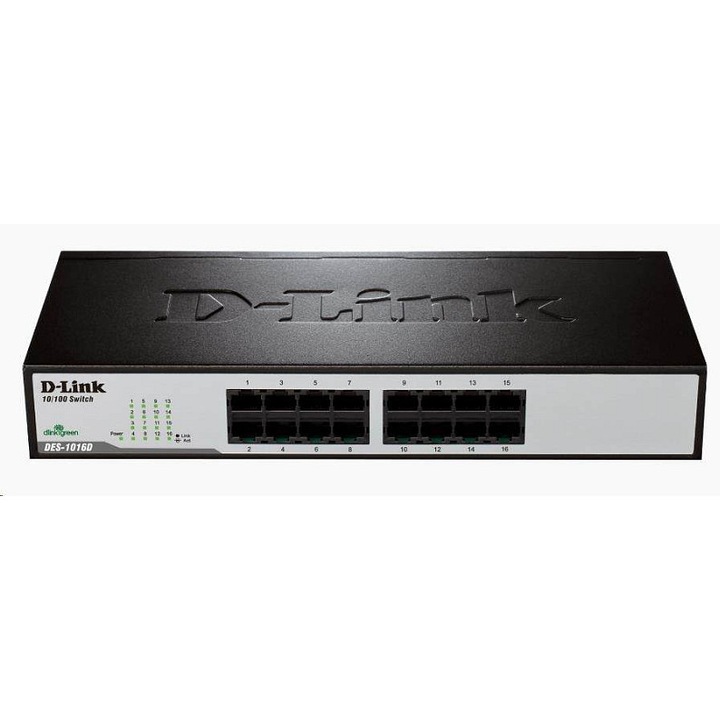 D-Link DES-1016D asztali switch, 16 portos, 10/100Mbps, fekete, kompakt