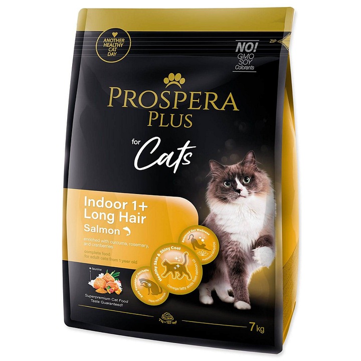 Prospera Plus Indoor 1+ Long Hair száraz macskaeledel, lazaccal és lazacolajjal, hosszú szőrű macskáknak és szőrlabdák eltávolítására, 7 kg