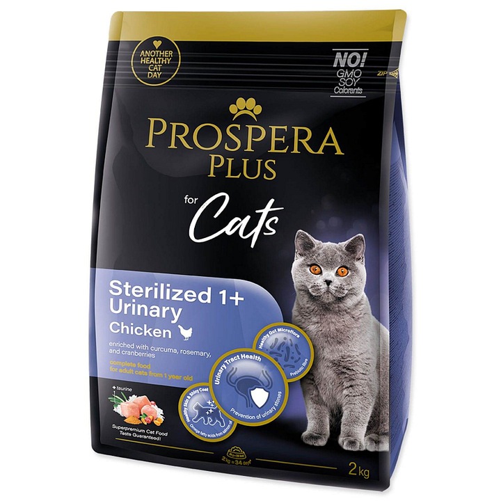 PROSPERA Plus Sterilized 1+ Urinary száraz macskaeledel, sterilizált macskáknak 1+, húgyúti betegségek megelőzésére, csirkével és lazacolajjal, barna, 2 kg