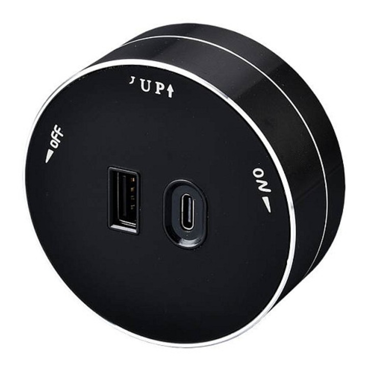 Modul priza Viking A60, 1x USB-A (5V/2,4A), 1x USB-C (5V/3,6A PD), putere 2500W, 230V 16A, montaj pe sina, Negru, 1 buc
