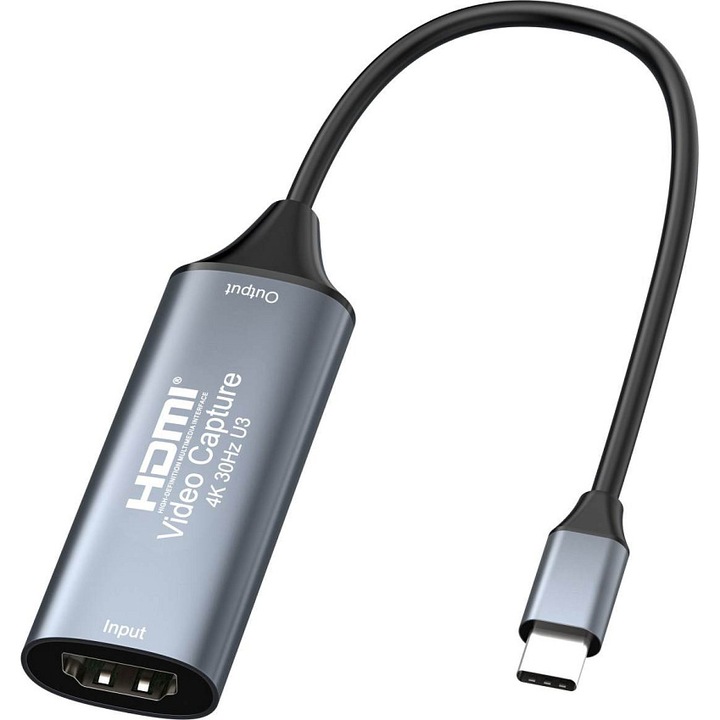 Captura video HDMI (HDMI grabber) Premiumcord Video Capture U3, USB 3.0 tip C, input 4K 3840×2160@30Hz, output Full HD 1920×1080@30Hz, plug-and-play, gri, 1 buc