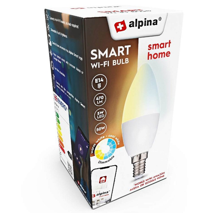 Alpina Smart home ED-225441 intelligens LED izzó, wi-fi, dimmelhető, E14 foglalat, 2700-6500K, 470 lm, 5W, fehér, 1 db