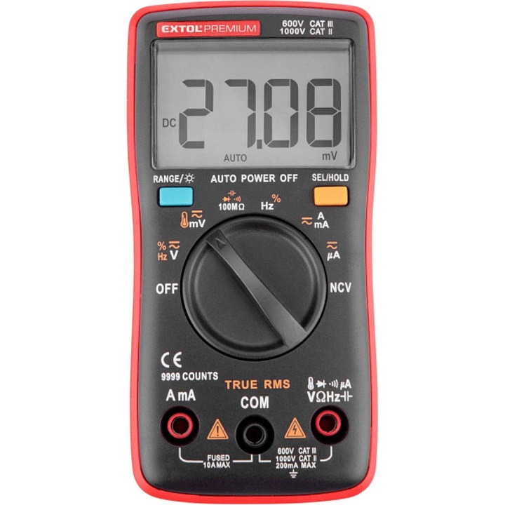 EXTOL PREMIUM automata digitális multiméter, nagy LCD, elektromosság és hőmérséklet mérés, fekete