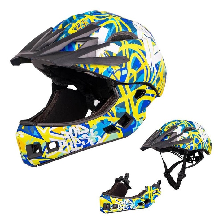 W-Tec, Casca downhill din policarbonat cu insertie EPS, cu bara detasabila si 17 ventilatii, Delgada, Golden Stars, XS (48-52)