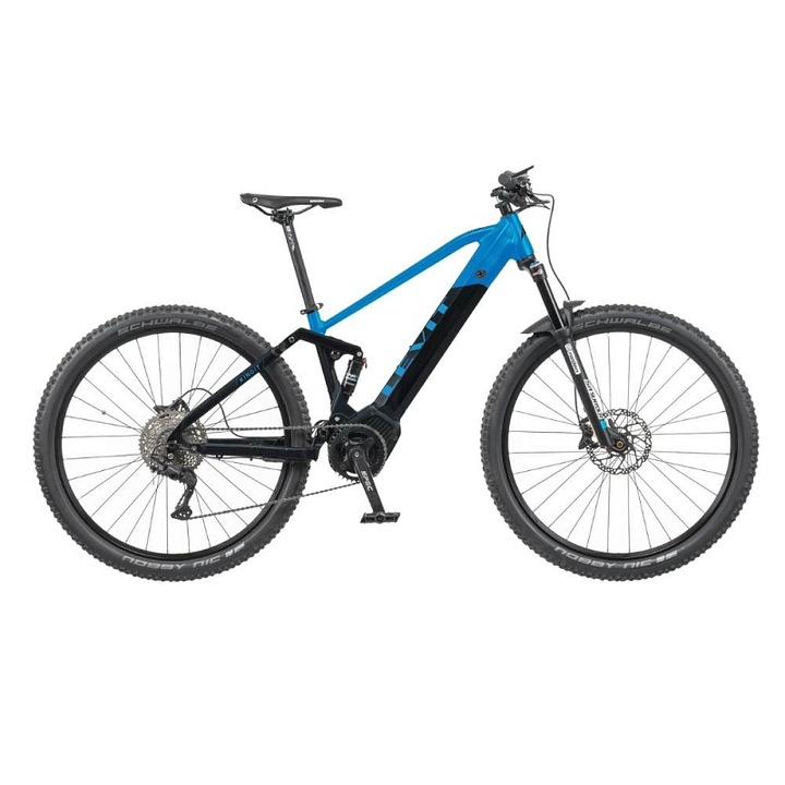Bicicleta electrica de munte Levit Kingit BF Overstep 630, cu suspensie completa, motor Bafang M510 250 W 95 Nm, baterie 630 Wh, roti 29", albastru/negru perlat, cadru L (18,5" / 175-185 cm)