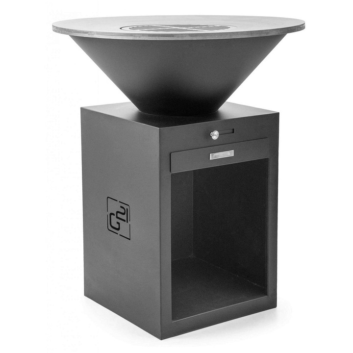 Gratar G21 Oregon, plansa inelara din otel carbon 1 cm, diametru 85 cm, cuptor cu dublu perete, negru