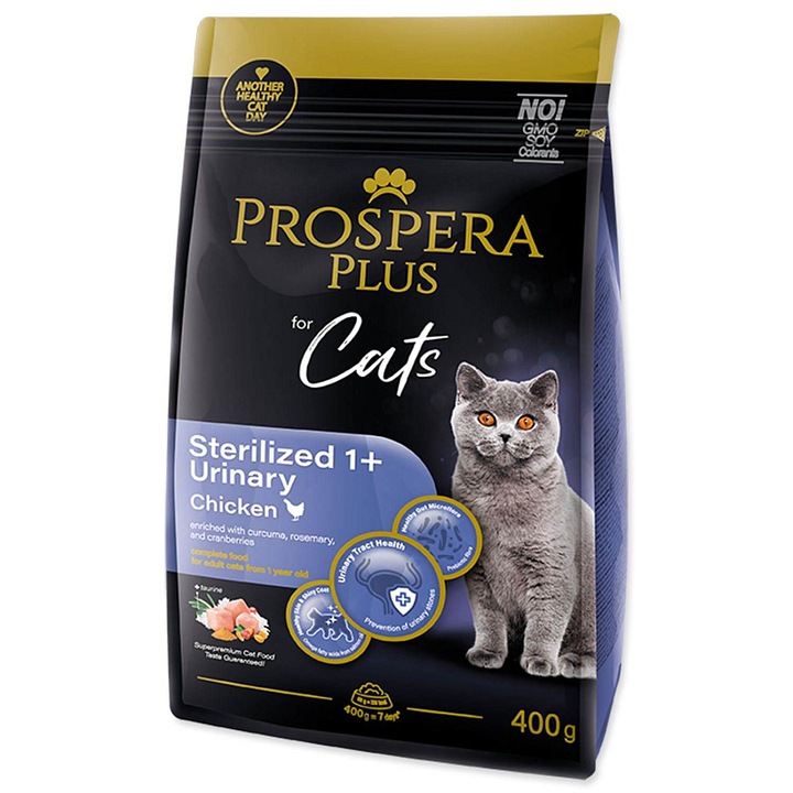Prospera Plus Sterilized 1+ Urinary szárazeledel sterilizált macskáknak, csirkével, támogatja a húgyutak egészségét, fekete, 400 g