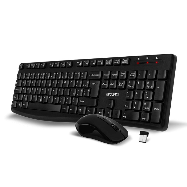 Evolveo K1050 vezeték nélküli billentyűzet és egér szett, halk, alacsony profilú billentyűzet 4,5 mm, USB nano 2,4 GHz vevő, egér felbontás 800/1200/1600 DPI, CZ/SK kiosztás, fekete