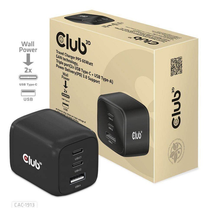 Club 3D 65W GAN utazótöltő, 3 portos USB-C és USB-A, PPS, Power Delivery 3.0, fekete, 8.4x3.6x3.9cm