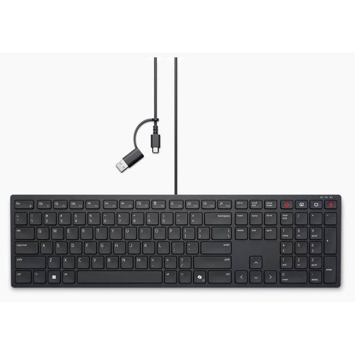 Кабелна клавиатура Dell KB525C, 15 програмируеми клавиша, USB-C/USB-A, с цифрова клавиатура, локализация CZ/SK, черна