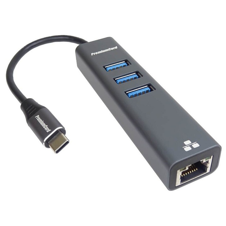 Адаптер USB-C PremiumCord, гигабитов Ethernet 10/100/1000Mbps, 3x USB 3.0 SuperSpeed 5Gbps, метален корпус, метален, 15 см