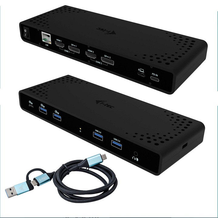 I-Tec Universal Dual 4K dokkolóállomás, Power Delivery 85W, 2x HDMI + 2x DisplayPort 4K/60Hz, 5x USB (USB-C/USB-A), Gigabit Ethernet, Fekete