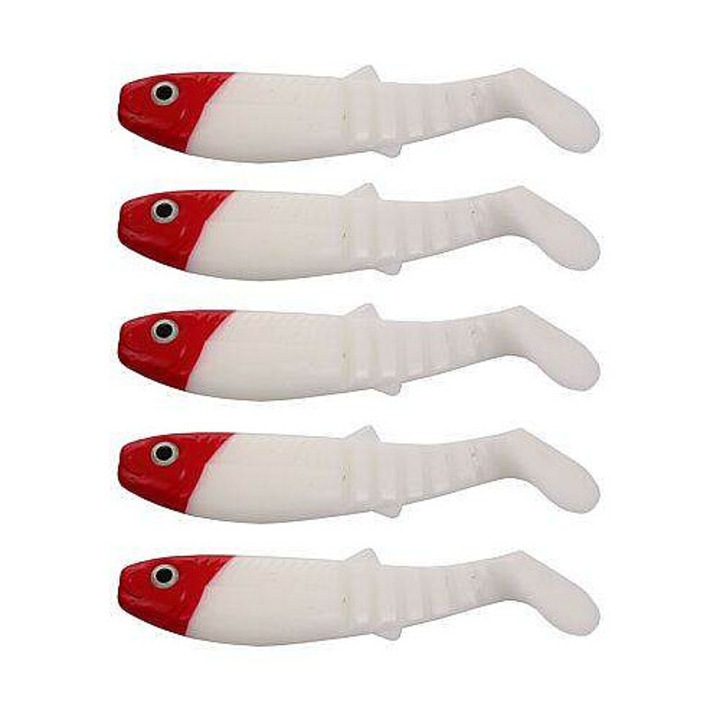 5 db-os Merco Rubber Bait gumihal szett, sérült halat imitáló, pergető horgászathoz, PVC gumi, 8 cm, 6 g, fehér/piros