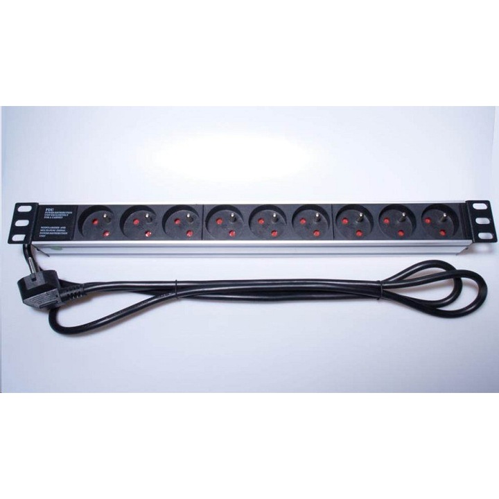 Premiumcord 19 hüvelykes 1U elosztópanel 9x230V ezüst 48.5x4x4.4cm 2m kábel
