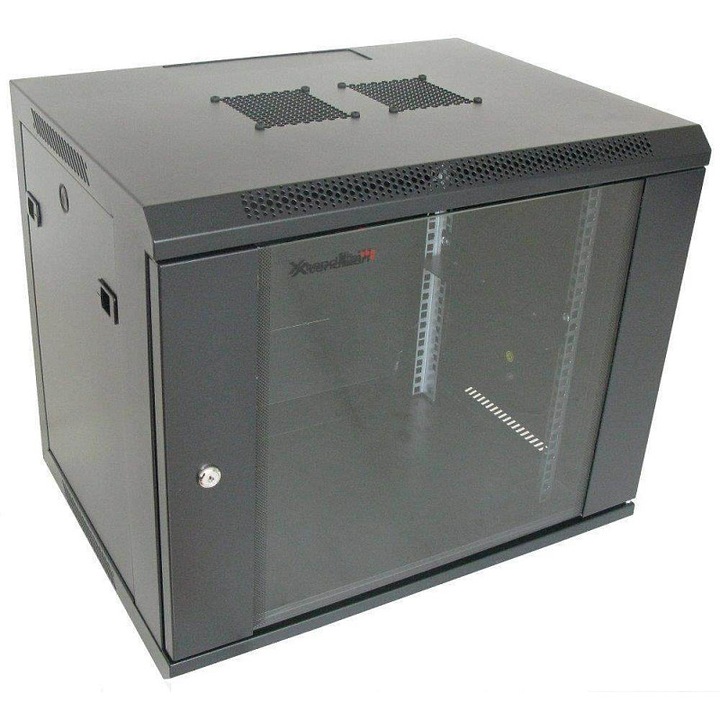 XtendLan 12U 600x600mm fekete fali fém szekrény edzett üvegajtókkal
