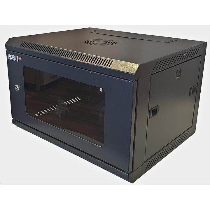 LEXI-Net 12U 19" fali rack szekrény, hidegen hengerelt acél, üvegajtók, 60 kg teherbírás, fekete, 600x450 mm