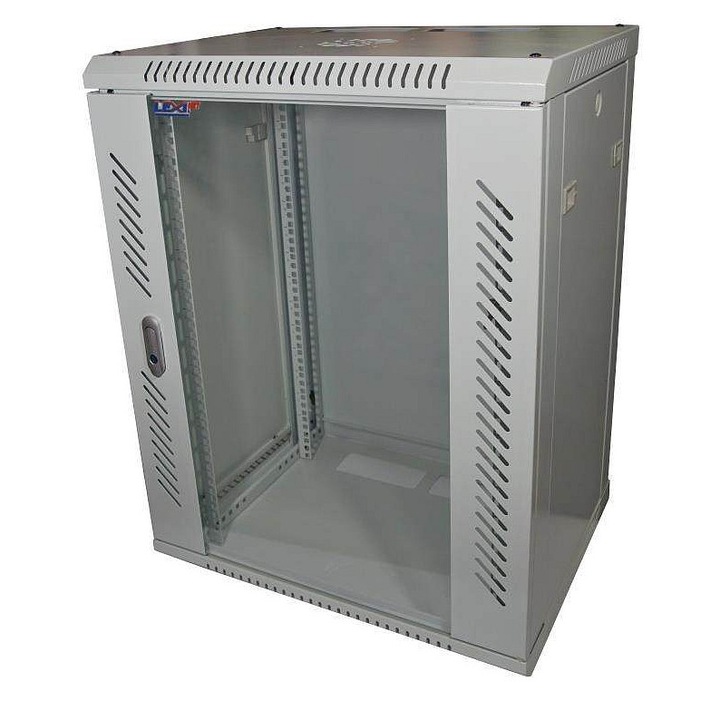 19" LEXI-Net 15U (769 mm) rack szekrény, 600x450, üvegajtóval, falra szerelhető, 60 kg teherbírású, RAL7035 szürke, 1 db