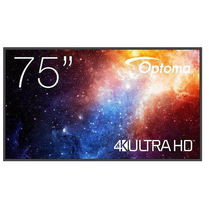 Професионален дисплей Optoma N3751K, 75" 4K UHD, Android 11, 450 нита, 4GB RAM/32GB памет, 2x10W високоговорители, Direct LED, Haze 25%, Черен, 75"