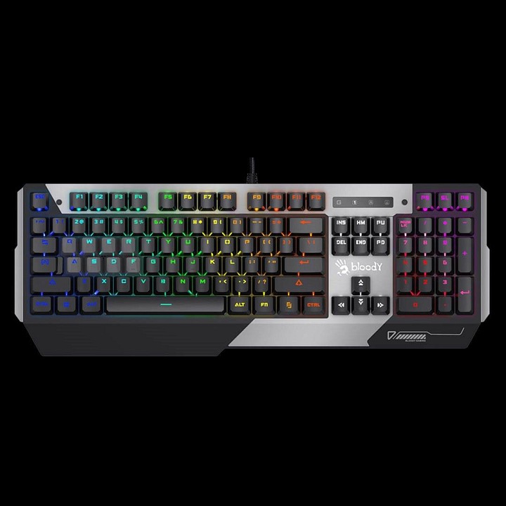 Tastatura mecanica A4Tech Bloody Light Strike B865N, switch optic LK, raspuns 0,2 ms, N-Key Rollover, iluminare Rainbow, USB 2.0, cablu 180 cm, negru/gri