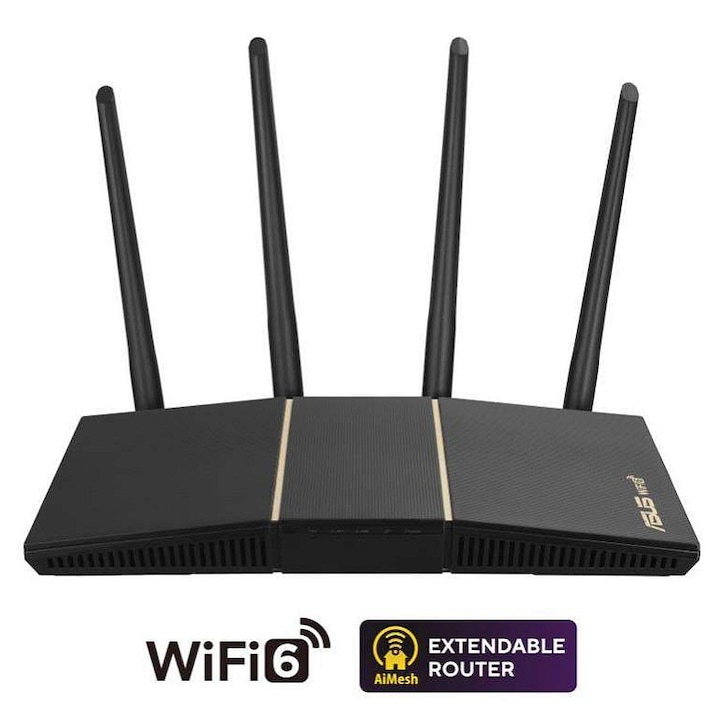 Router Asus RT-AX57 (AX3000), WiFi 6 AX3000, dual-band, AiMesh compatibil, Negru, 1 buc