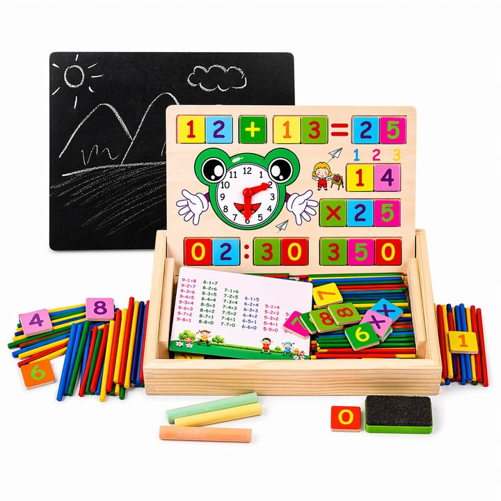 Aurov® Montessori Többfunkciós Oktatótábla, Színes Pálcikák, Matematikai Műveletek, Oktató Óra, Számok, Kréta és Szivacs, Fából, 24 cm, Többszínű