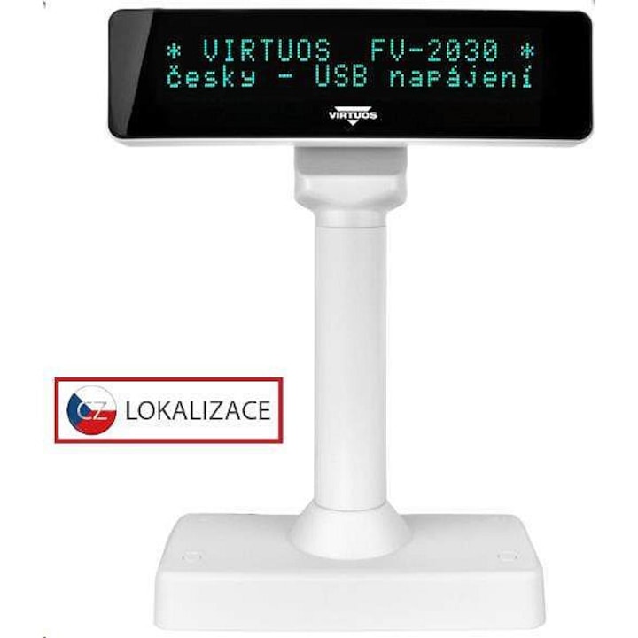 Ügyfélkijelző / afisaj client Virtuos FV-2030W, VFD 2x20 karakter (9 mm), USB 5V tápellátás, fehér