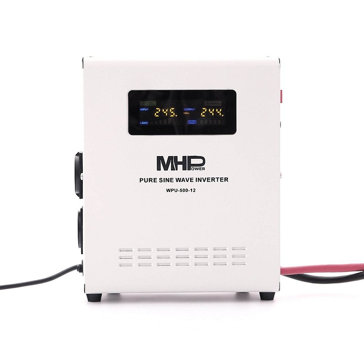 MHPower WPU-500-12 feszültségátalakító, UPS, tiszta szinuszos, 500 W, 12 V, külső akkumulátor csatlakoztatási lehetőség, fekete/fehér, 1 db