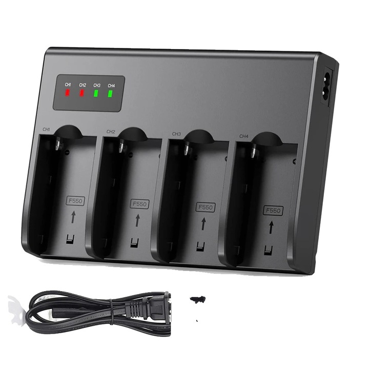 Incarcator baterii universal 4 sloturi compatibil Sony NP-F, incarcare USB 5-20V, compact din plastic, Negru, EU
