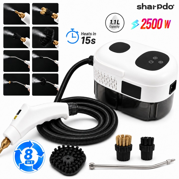 Sharpdo Aparat de Curatat cu Abur, 2500W, 3Bar, Rezervor 1.1l, Incalzire Rapida 15s, 6 Trepte, Ecran Tactil, pentru Igienizare, Degresare, Spalare Multisuprafete, Bucatarie, Baie, Climatizare, Electrocasnice, Masina, Jucarii, Geamuri, Alb