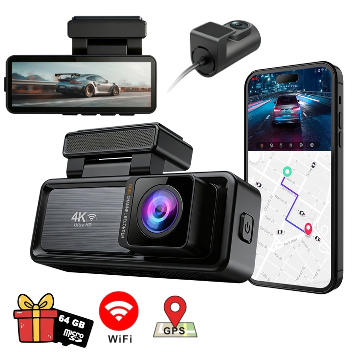 Ellitiq autó kamera DVR 4K UHD + 1080P hátsó kamerával GPS-szel, WiFi-vel, éjjellátóval, 3.18” IPS kijelzővel, G-szenzorral, 24/7 parkolási móddal és Loop rögzítéssel, iOS/Android telefonos alkalmazással, 170°-os látószöggel, modern dizájnnal, fekete