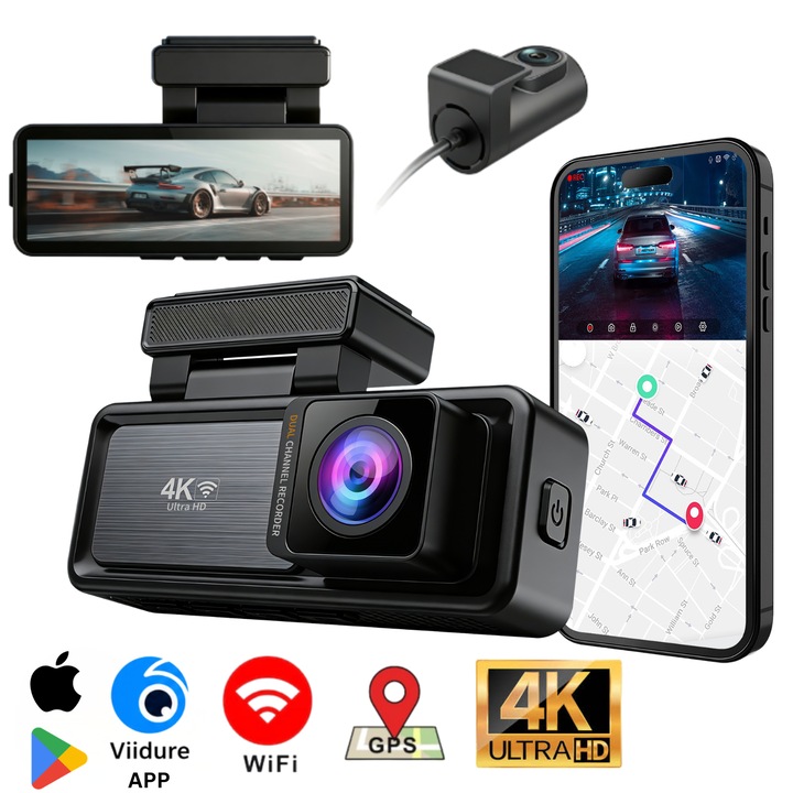 Camera Auto DVR ®Ellitiq 4K UHD – Camera de Bord Duala Fata Spate, GPS, WiFi, Vedere Nocturna, Ecran IPS 3.18", Senzor G, Mod Parcare 24/7, Inregistrare Bucla, Unghi 170°, Camera Marsarier Inclusa, Aplicatie iOS Android, Negru
