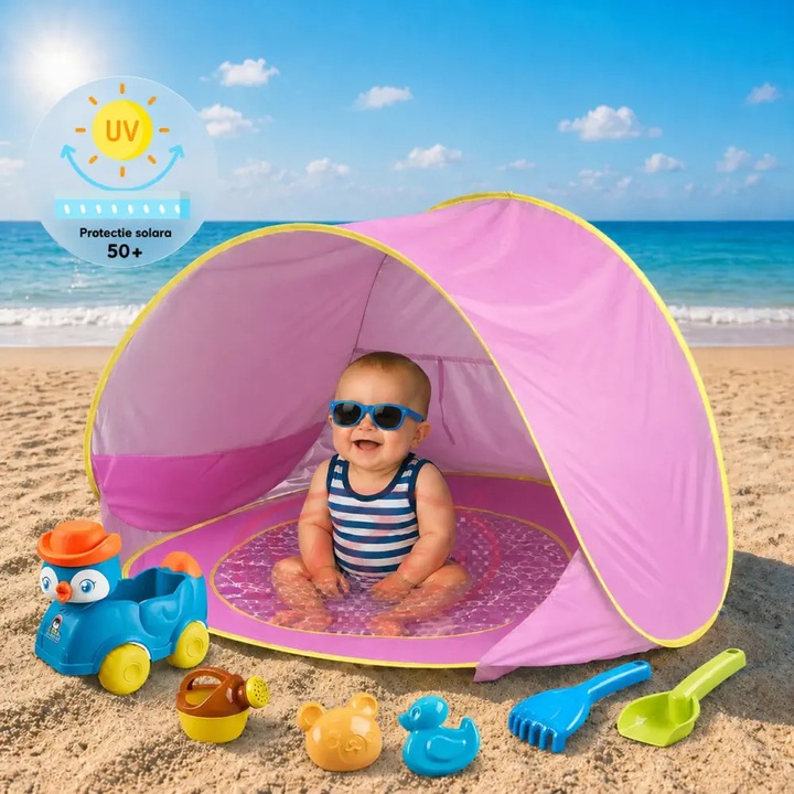 Cort Plaja Pentru Copii Cu Mini Piscina, Protectie Solara, Pop Up, Pink, 117x79x70cm, TT3502-B RCO®