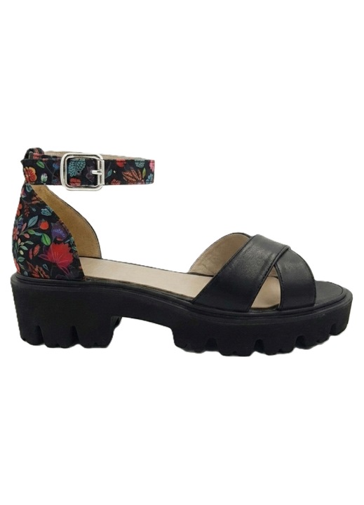 Sandale dama, SandAli, piele naturala cu imprimeu floral, bareta cu catarama, negru