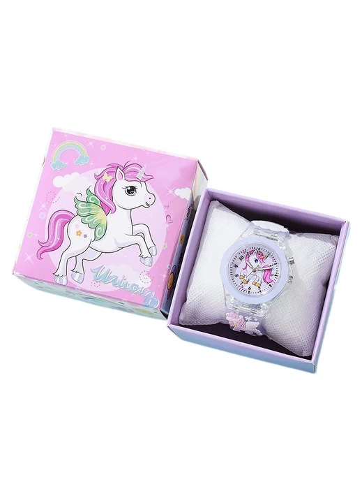 Unikornis Gyermekóra, Analóg Óra LED Fénnyel, Szilikon Szíj, Kawaii Design, Ajándék Lányoknak