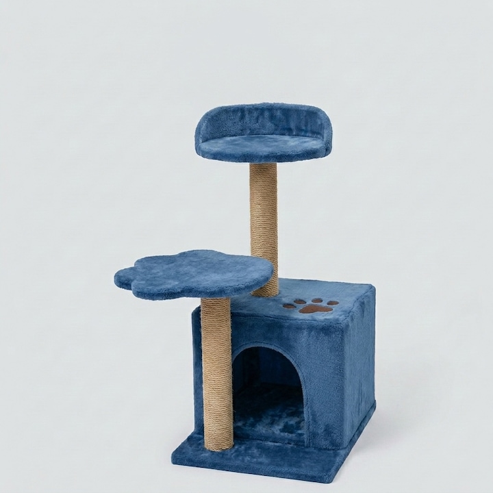 Ansamblu de Joaca pentru Pisici, tip turn, 2 platforme de observatie, 2 casuta, 1 stalpi pentru zgariat, captuseala extra moale, 35x35x75cm, Albastru