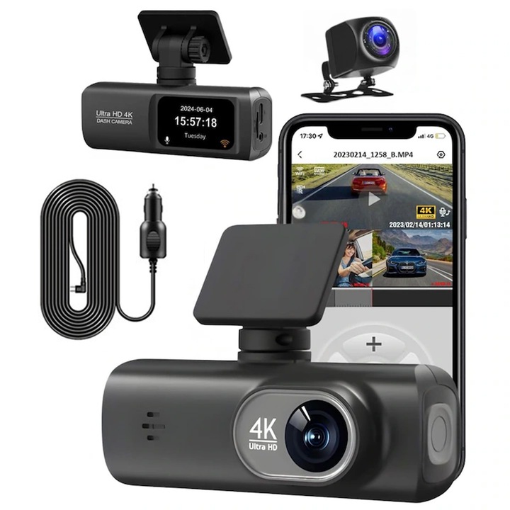 Camera Auto De Bord DVR 4K, asskanaer, 4K fata 1080P spate, GPS, WIFI, Vedere Nocturna, Inregistrare in Bucla, Senzor Impact, Camp vizual ultra-larg de 170°, Ecran de 1.47 inci, WiFi/ Aplicatie dedicata, ABS, 9.3*3.5 cm, Negru