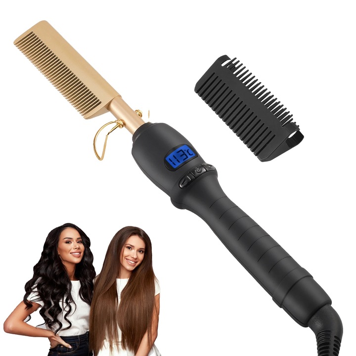 Hajegyenesítő kefe (egyenesítő fésű) kerámia és fém, gyors felmelegedés 30 mp, 14 hőmérsékleti szint, keratin infúzióval, kompakt, fekete, 1 db