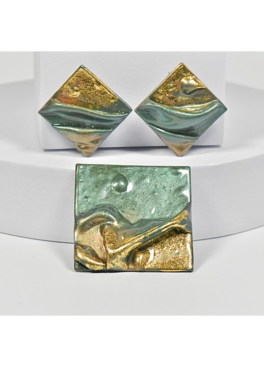 Set Cercei si Brosa Square Narru, in forma geometrica, verde si auriu