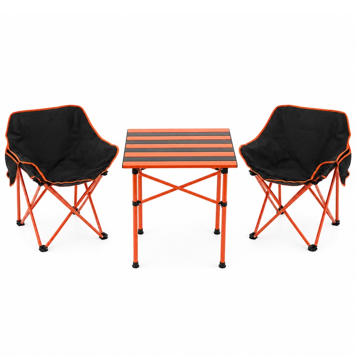 Set camping pliabil masa si 2 scaune, cadru otel, material Oxford 600D, 55x47x66 cm, negru