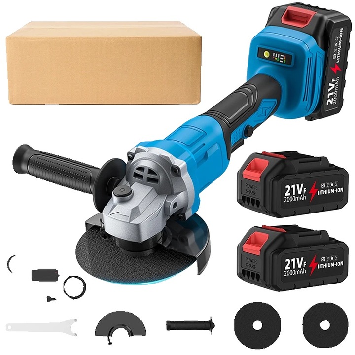 Polizor unghiular (flex) fara fir, brushless, 13.000 r/min, 21V 1000W, disc 125mm, cu 2 baterii 21V 2000mAh, albastru/negru