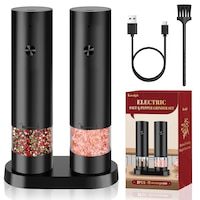 Set 2 Rasnite Electrice Pentru Sare si Piper, BALITTA®, Indicator LED, Perie curatare, cu Baza de Depozitare, Grosime reglabila, Negru
