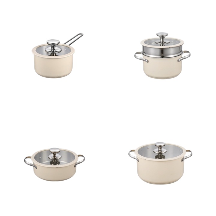 304-es rozsdamentes acél edénykészlet, mely egy tejforraló edényből + egy párolóedényből + egy fondue edényből + egy leveses edényből áll, kerámia bevonatú belsővel és üvegfedővel, bézs színben