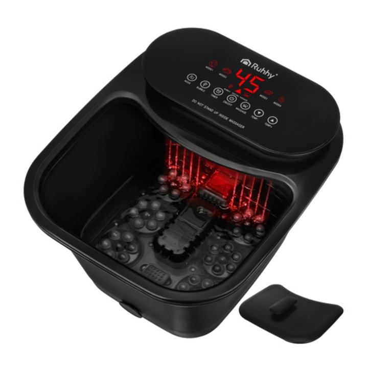 Aparat Hidromasaj Pliabil pentru Picioare Ruhhy, 6 Role Electrice, 3 Moduri Masaj, Incalzire 35-48 °C Max, Bule de Aer, Roti, Panou Tactil, Cascada de apa, Maner Pliabil, Relaxeaza si Stimuleaza Circulatia Sangelui, Cronometru 10-60 min, 550W, Negru