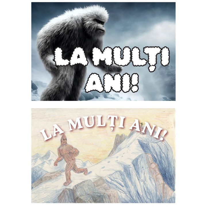 Set 2 Felicitari La Multi Ani Yeti, Design Vesel, Carton Premium 250g, 20x14 cm