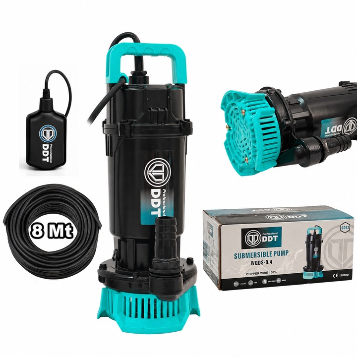 DDT WQDS-0.4 – 0.5HP merülő szivattyú úszókapcsolóval tiszta vízhez, 220V, 1.5 m³/h áramlási sebesség, tömör réz tekercselés, 18m emelési magasság