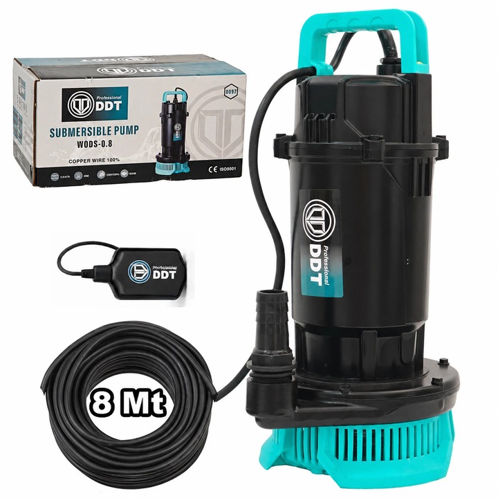 Потопяема помпа за чиста вода с поплавък DDT WQDS-0.8 – 1.0HP, 220V, дебит 3 m³/h, масивна медна намотка