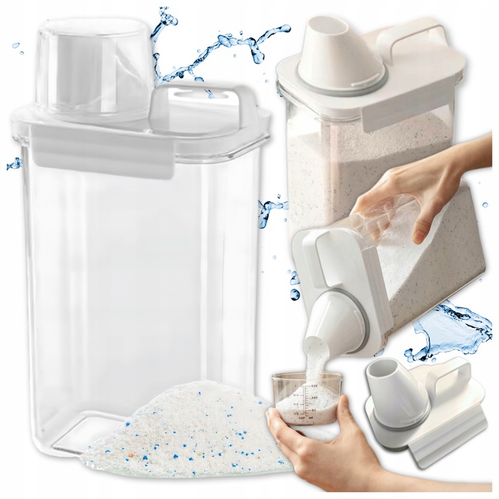 ZLARO adagoló tartály mosószerhez, 150 ml-es mérőpohárral, légmentesen záródó 2 szilikon tömítéssel, átlátszó/fehér, 2,3 L