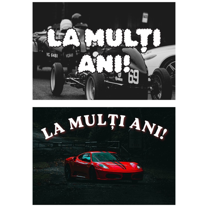 Set 2 Felicitari La Multi Ani Tematica F1, Design Curse Auto, Carton Premium 250g, 20x14 cm