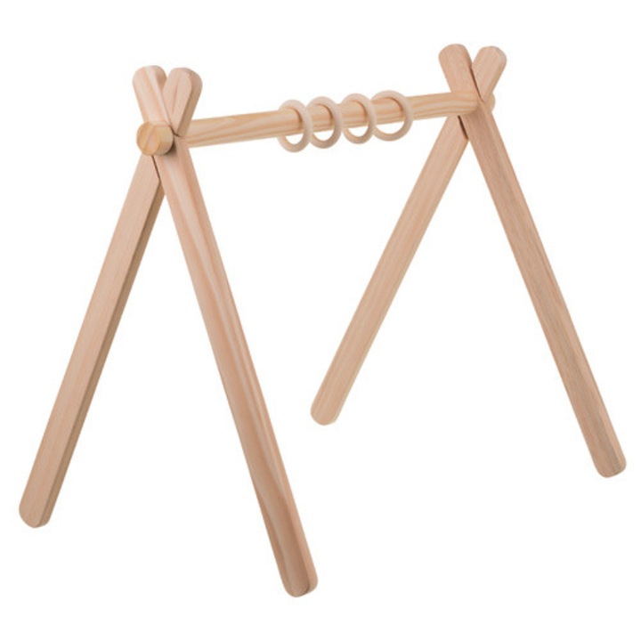 Arcada bebe din lemn, Zola, centru activitati motrice, 4 inele suspendate, 64 x 43 x 52 cm, bej, tip Montessori