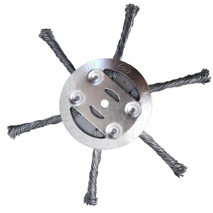 Cap tambur motocoasa AgroTop® cu sarma de otel carbon, diametru 150 mm, ax 5 mm, compatibil trimmer electric si pe baterie, pentru taiere iarba, muschi, buruieni si indepartare rugina